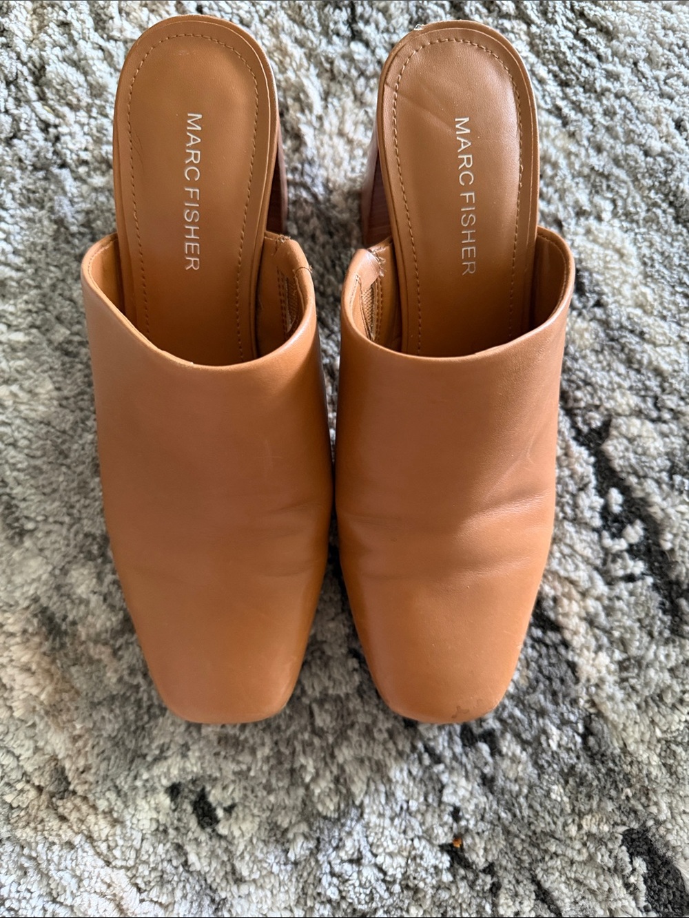 Marc Fisher Camel Leather Square-Toe Mule Slides